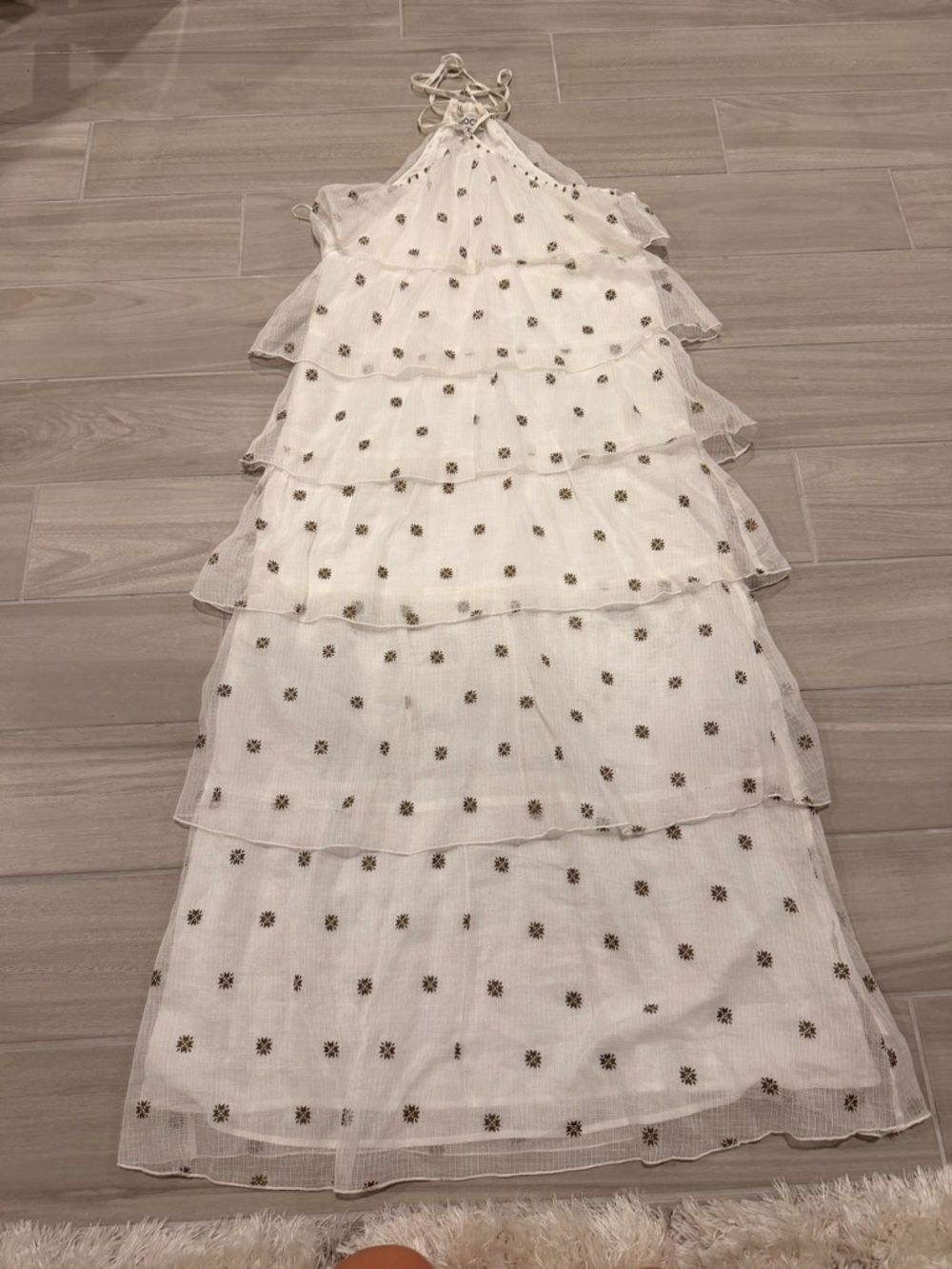 White Tiered Halter Dress with Gold Dot Accents